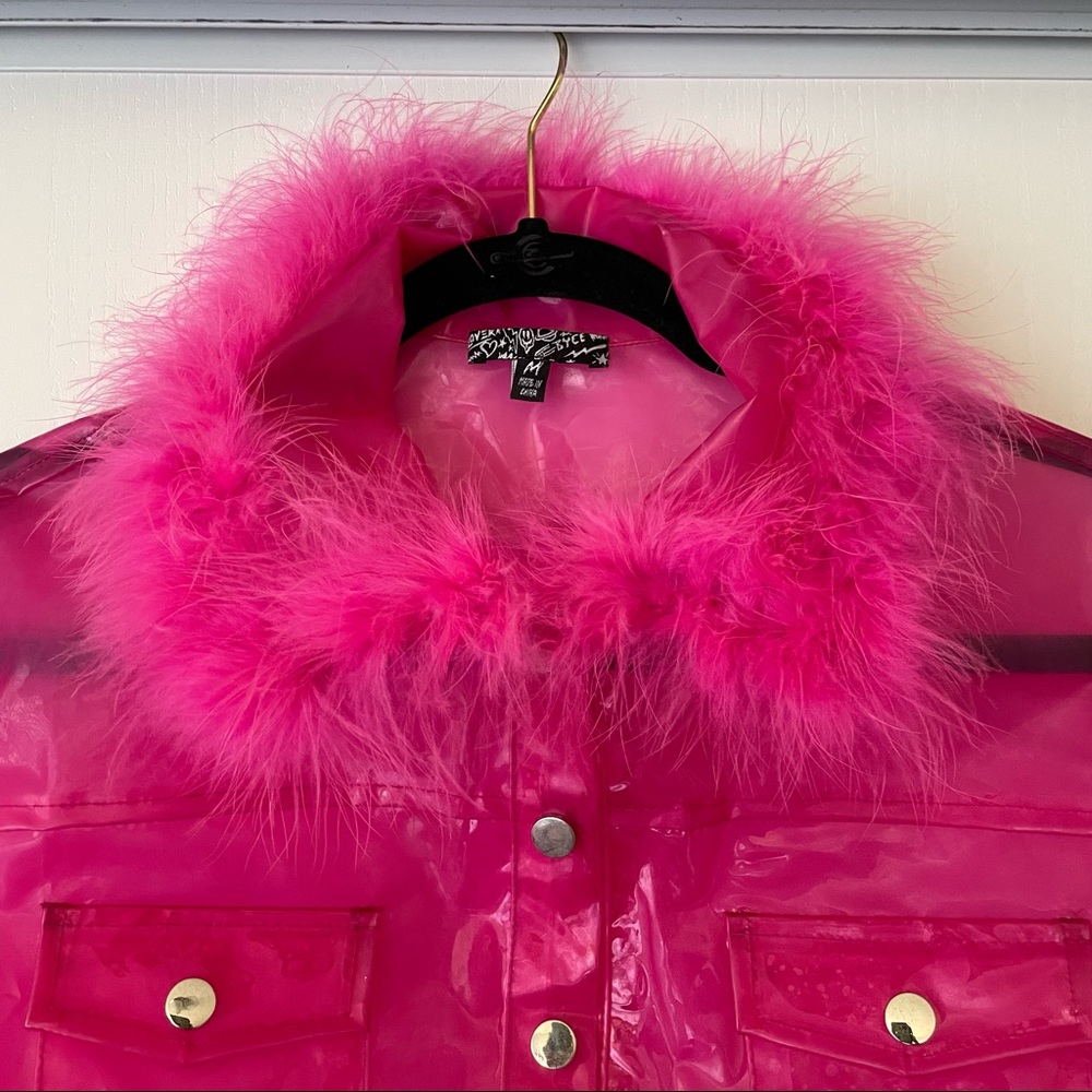 Dolls Kill Hot Pink Faux Fur Trim PVC Crop Jacket - Picture 3 of 9